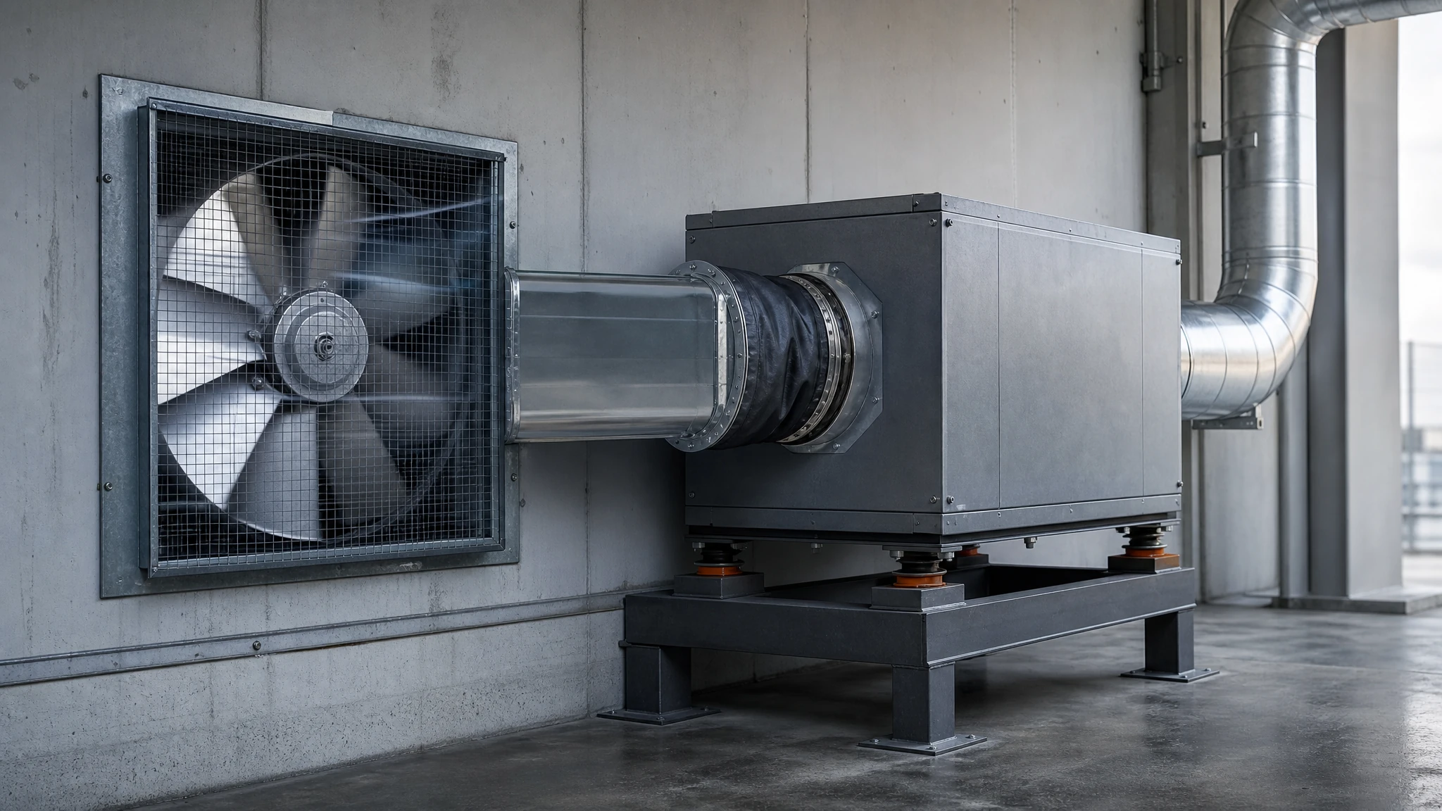 Installed industrial exhaust fan system with duct, flexible connector, isolators and acoustic silencer in a clean plant room