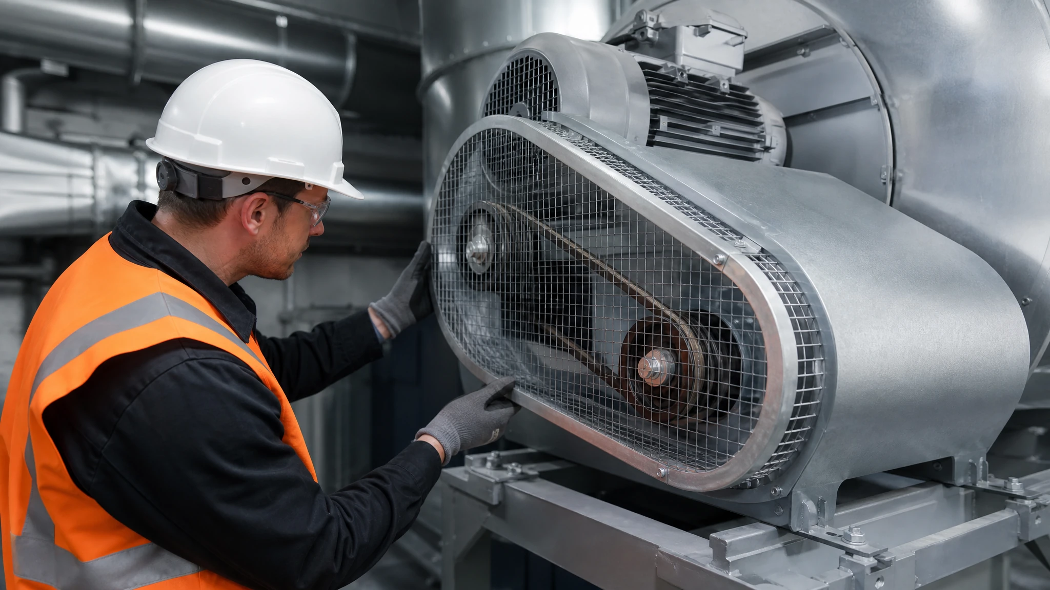 Technician inspecting a bolted safety guard around a belt-driven industrial exhaust fan with motor isolated