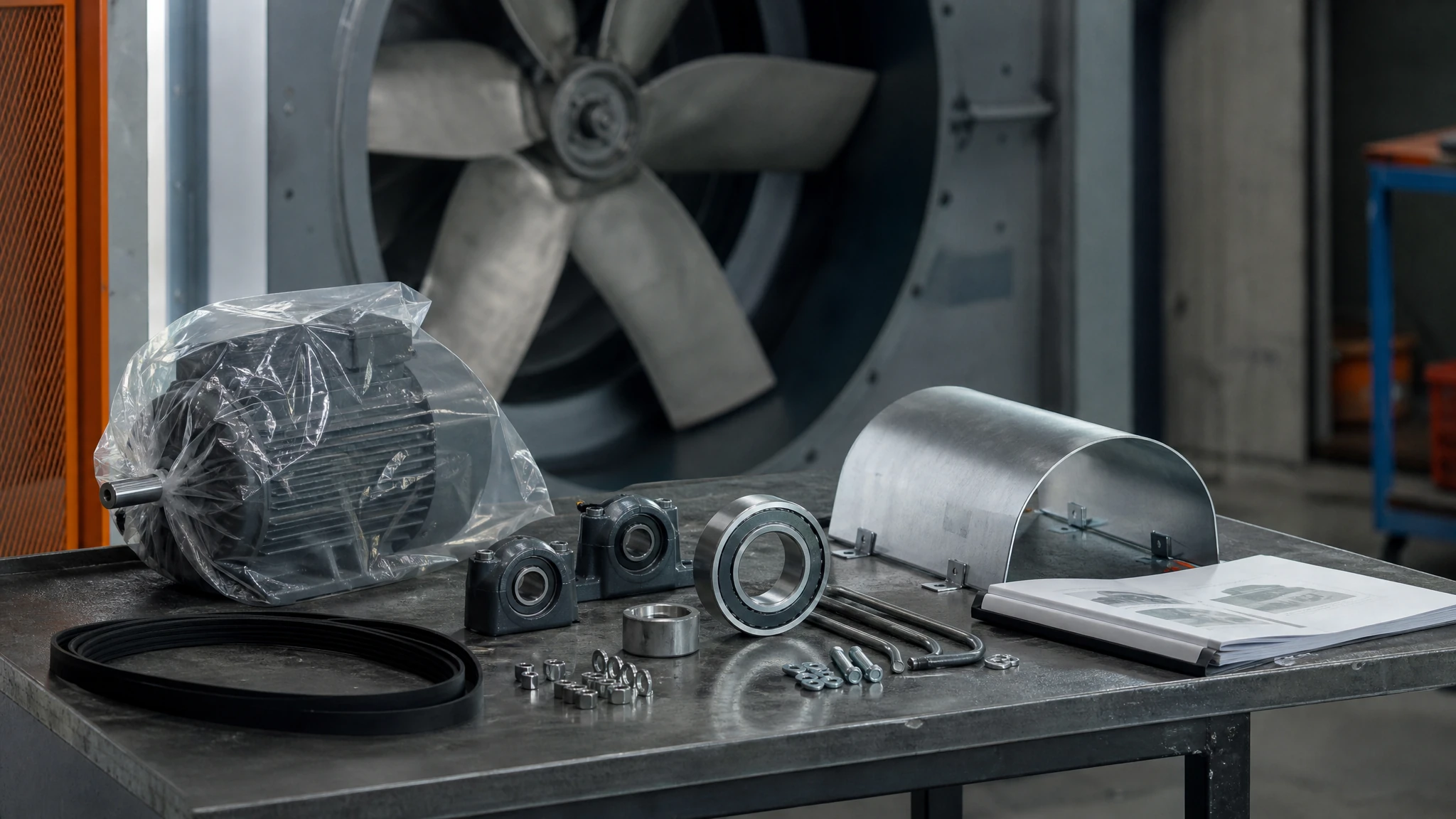 Maintenance bench with belt, bearing, fasteners, guard hardware and a stopped industrial fan in the background