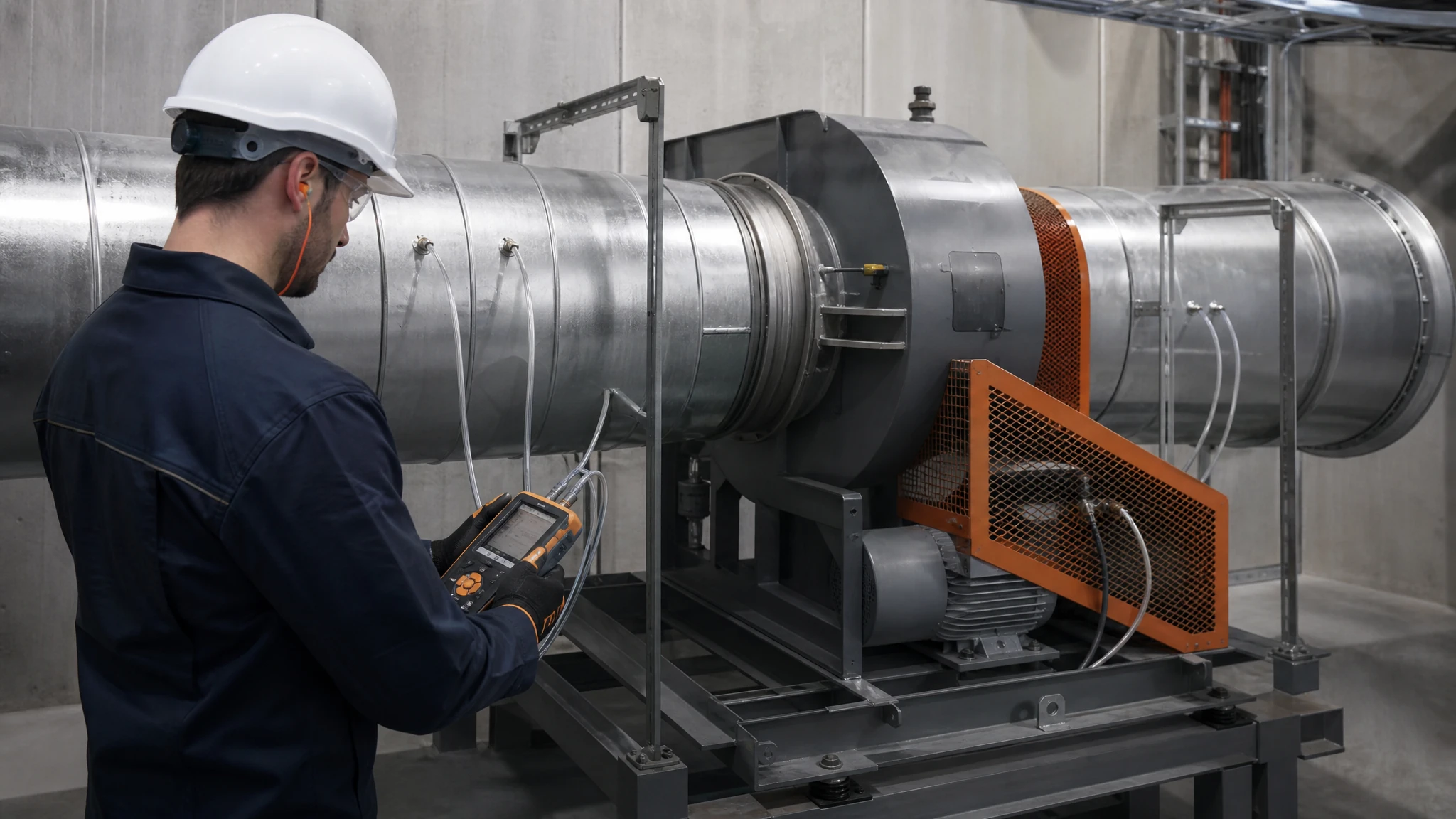 Technician using a differential pressure manometer with tubing at defined taps on an industrial fan duct