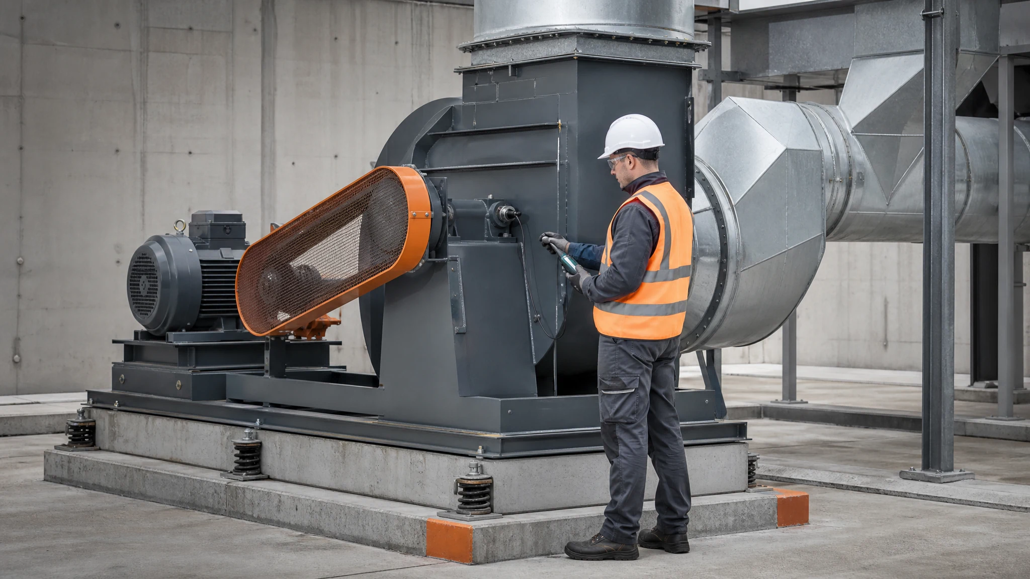 Technician measuring vibration on an isolated industrial exhaust fan bearing housing