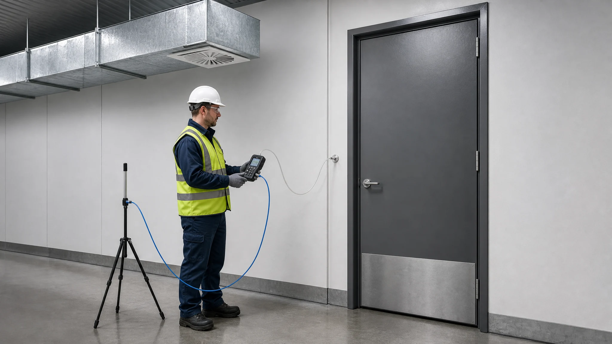 Commissioning technician using a differential manometer with one sealed room test port and a separate corridor reference probe beside a closed industrial door