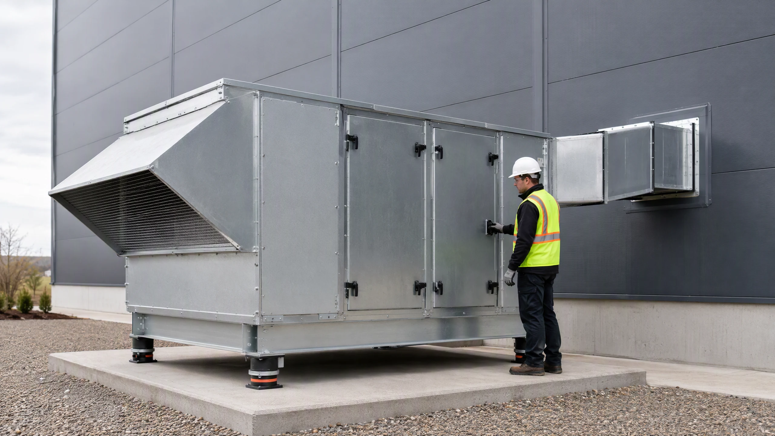 Packaged industrial make-up air unit with a screened outdoor-air hood and wall supply connection on the clean side of a building