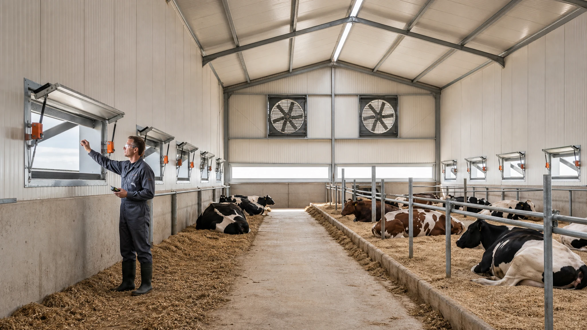 Ventilation specialist checking a distributed sidewall inlet in a clean dairy barn with two guarded end-wall exhaust fans