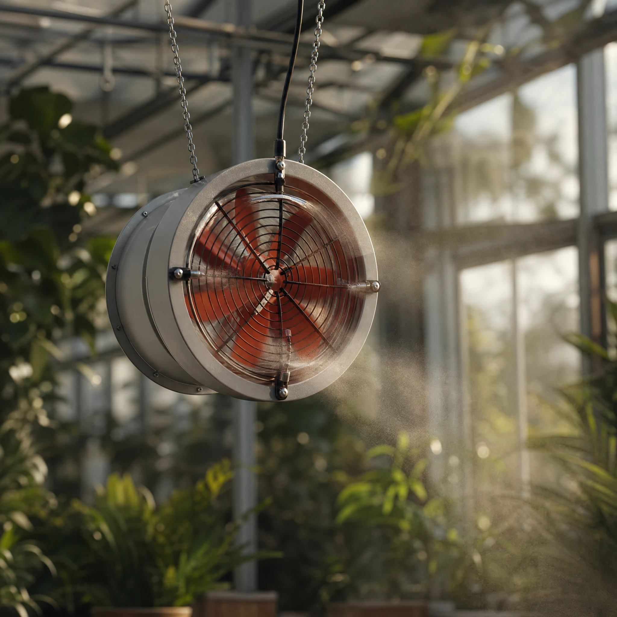 AirMoveX hanging mist fan shown in a purpose-matched installation scene
