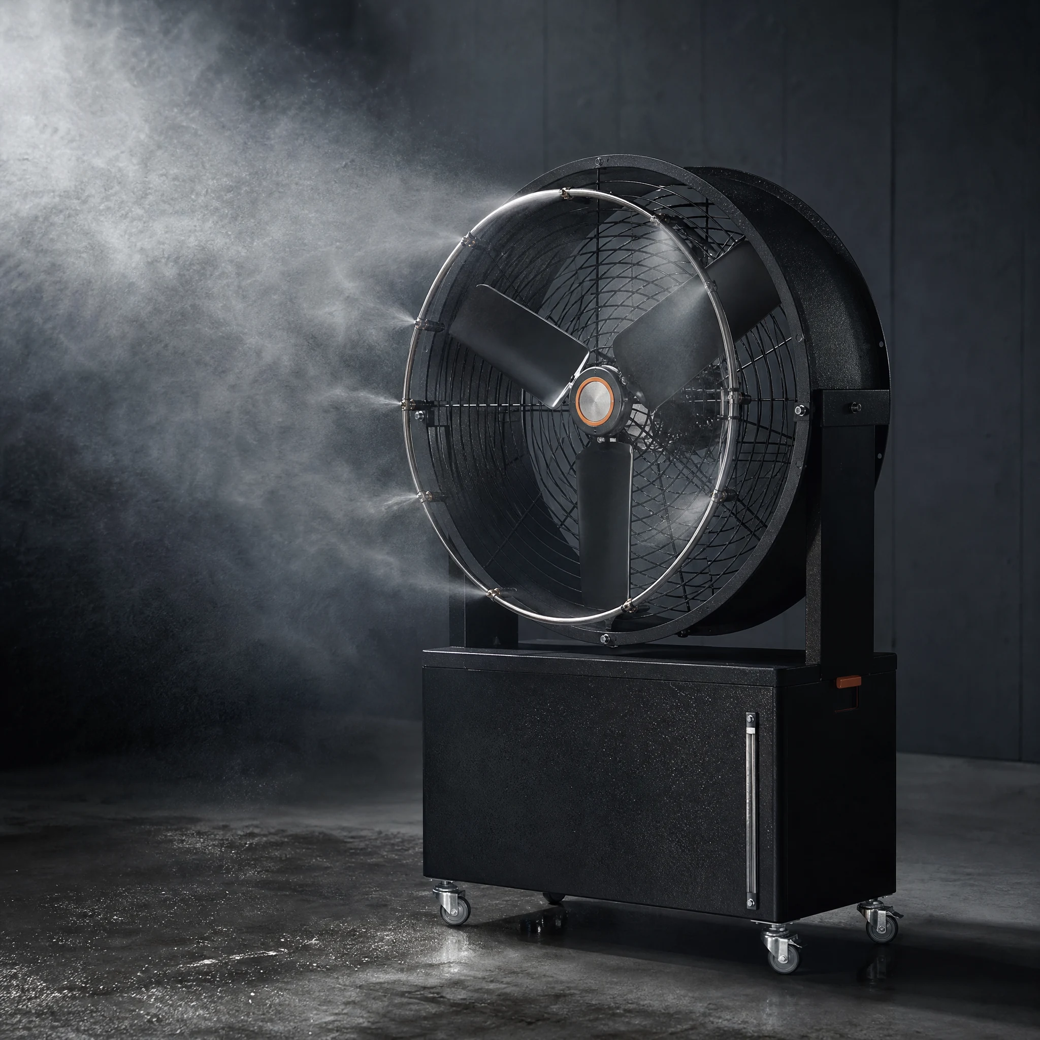 AirMoveX industrial misting fan with water tank and casters