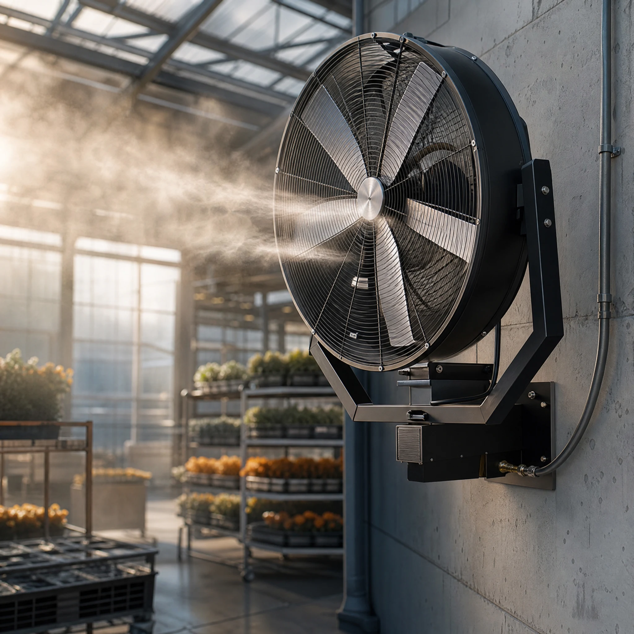AirMoveX wall-mounted misting fan shown in a purpose-matched installation scene