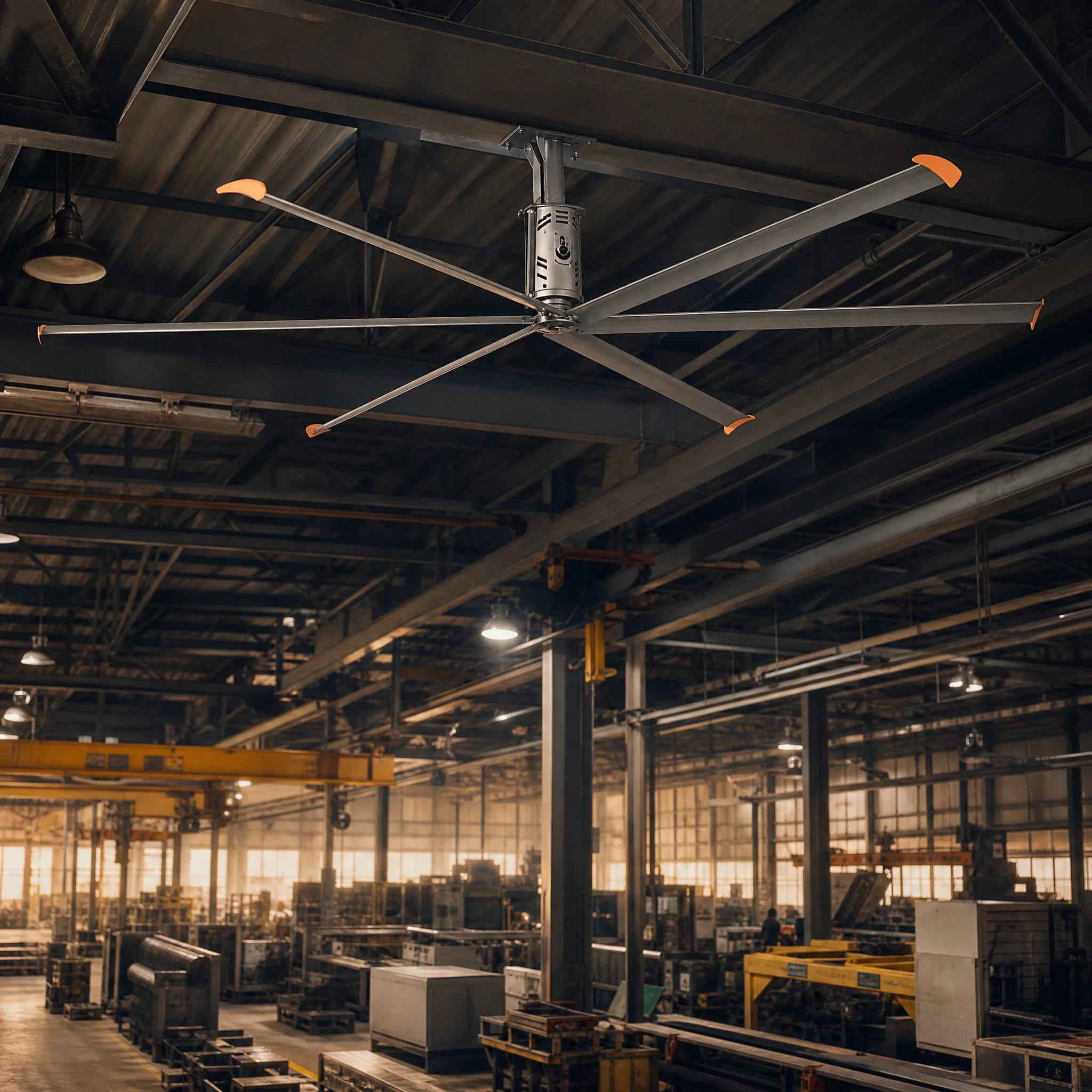 AirMoveX geared six-blade hvls fan shown in a purpose-matched installation scene