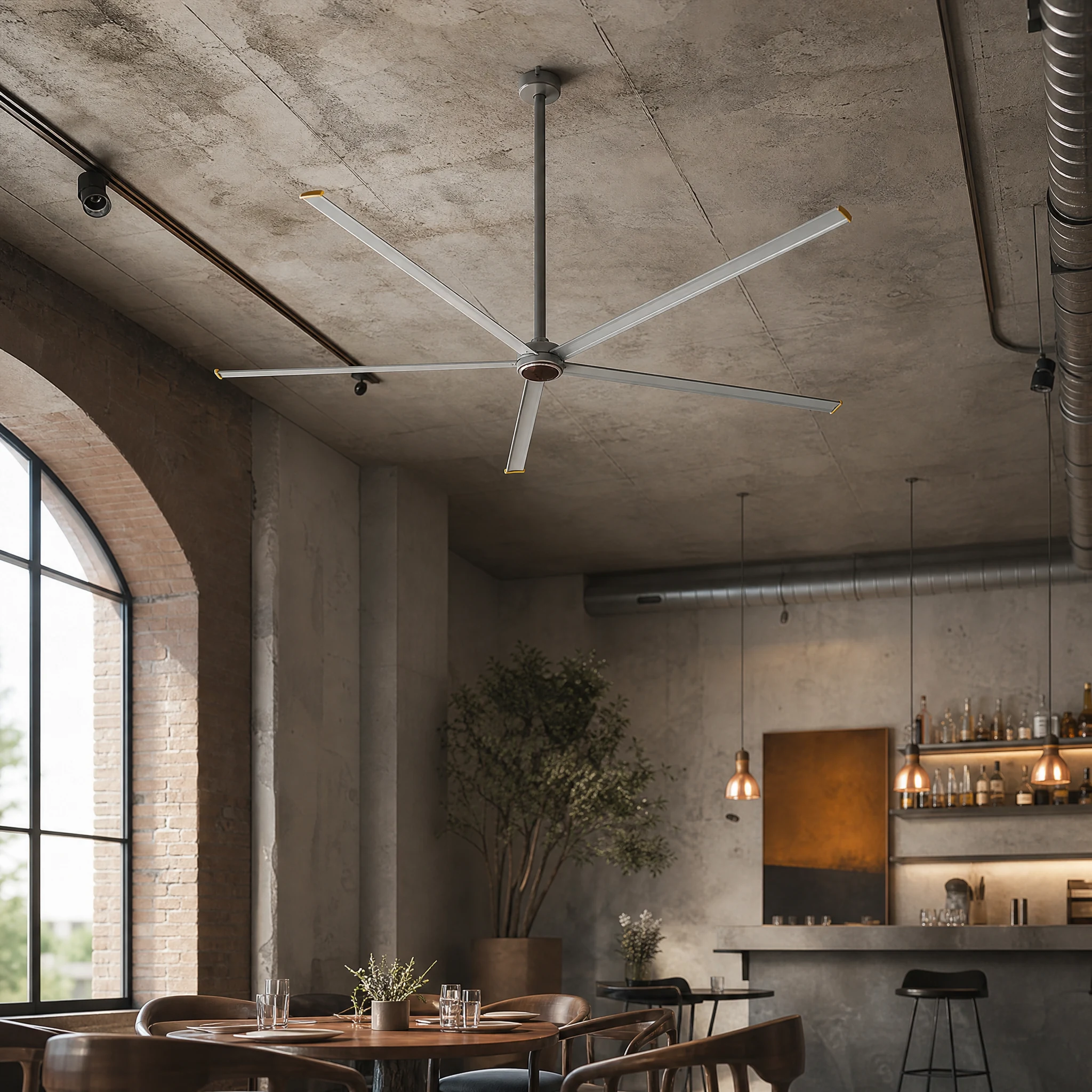 AirMoveX boutique five-blade ceiling fan shown in a purpose-matched installation scene