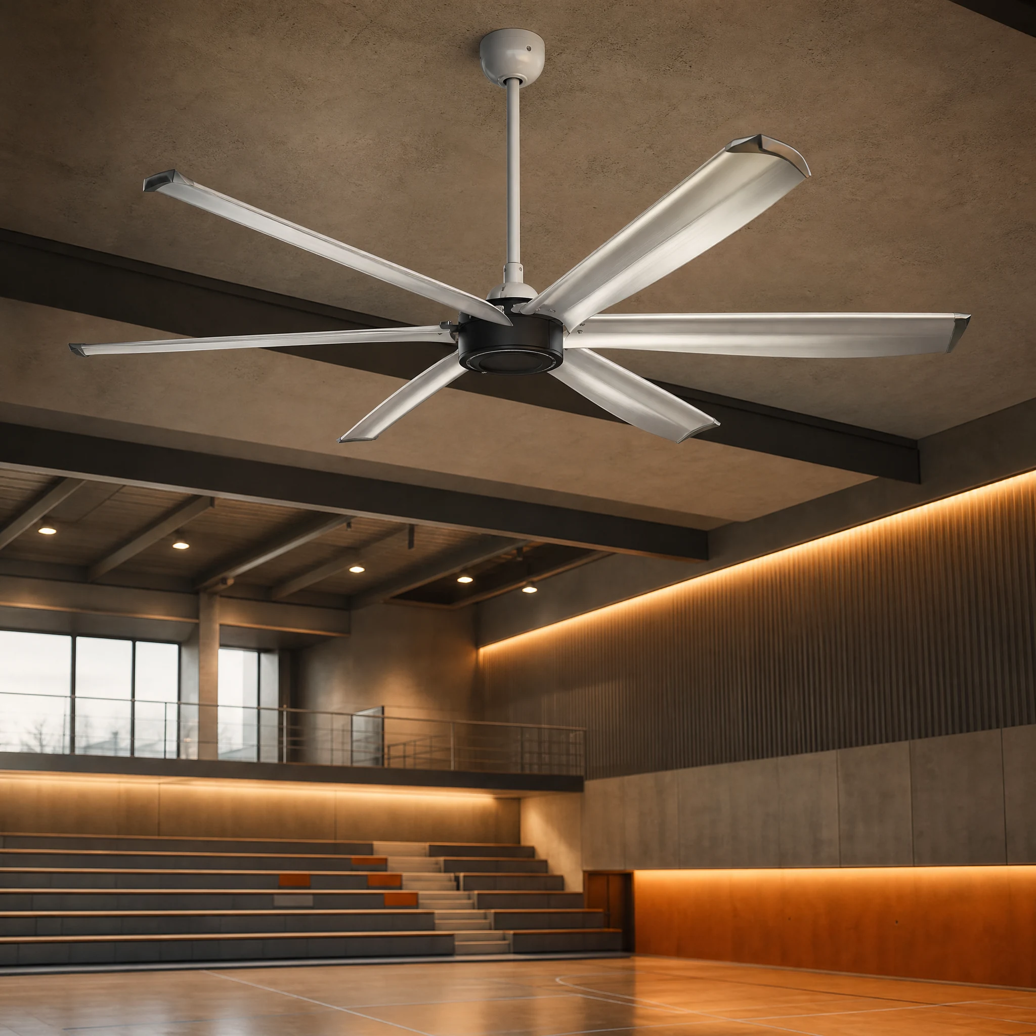 AirMoveX commercial wave-blade hvls fan shown in a purpose-matched installation scene