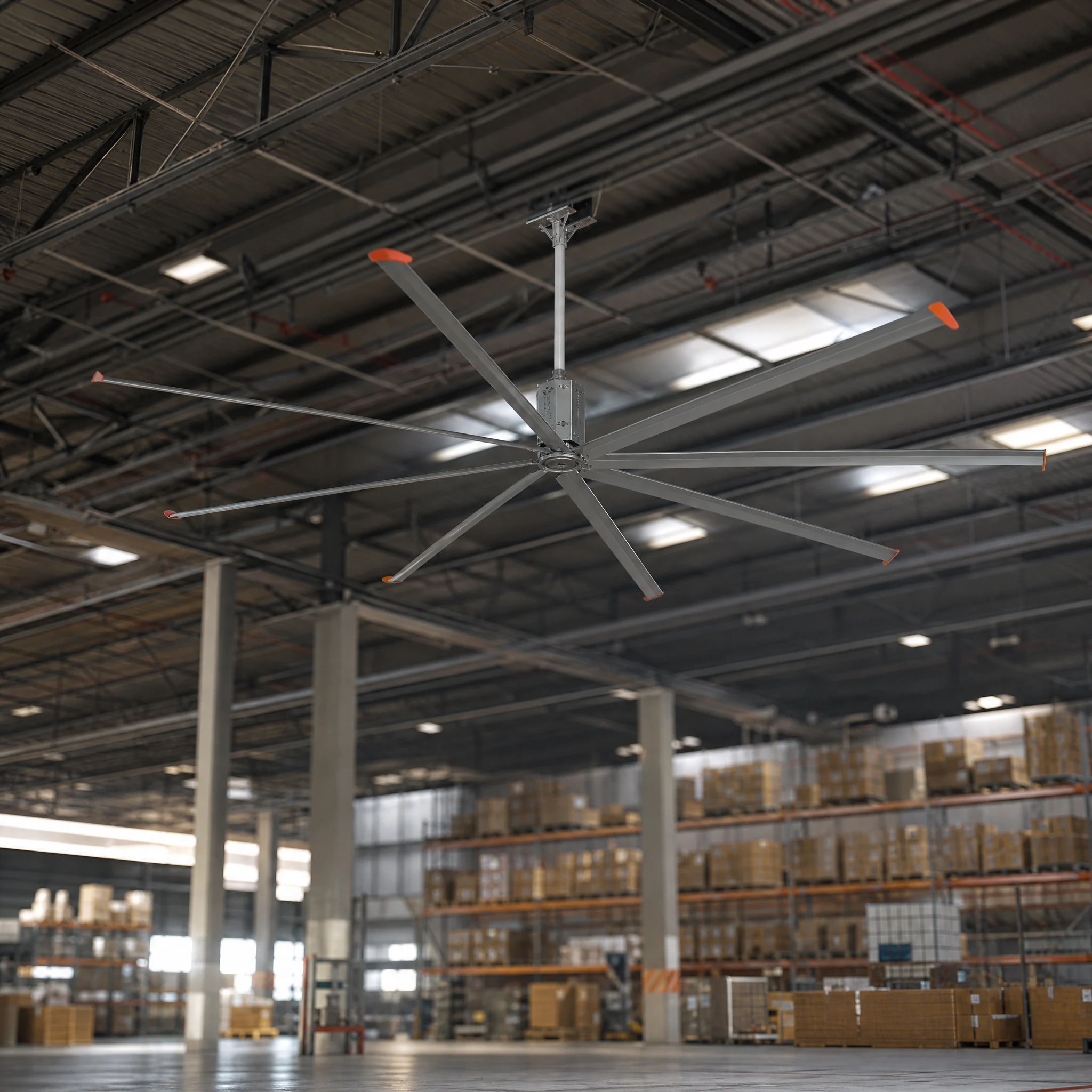 AirMoveX eight-blade ac hvls fan shown in a purpose-matched installation scene