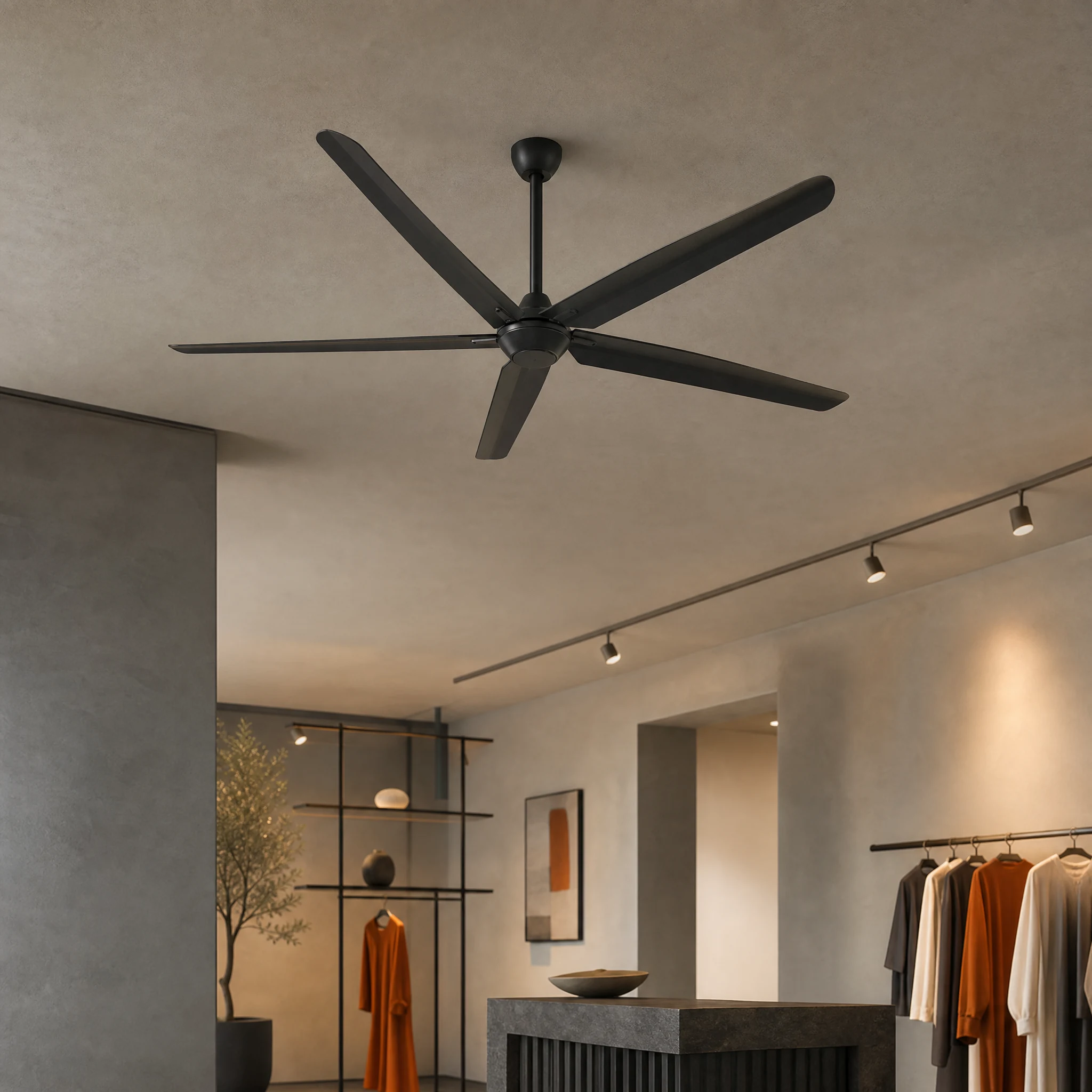 AirMoveX touch-control compact ceiling fan shown in a purpose-matched installation scene