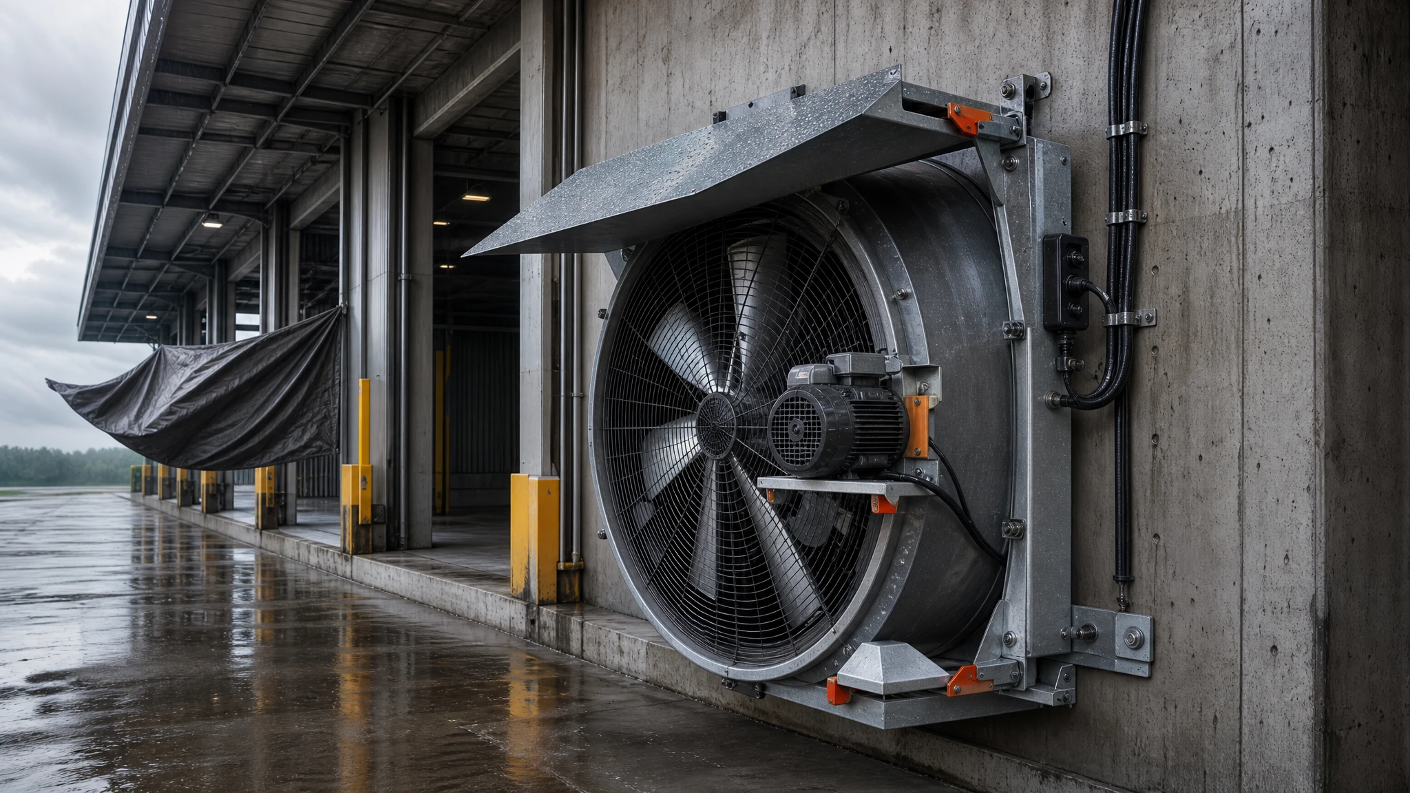 Guarded axial fan under a loading canopy with rain hood and protected cable route