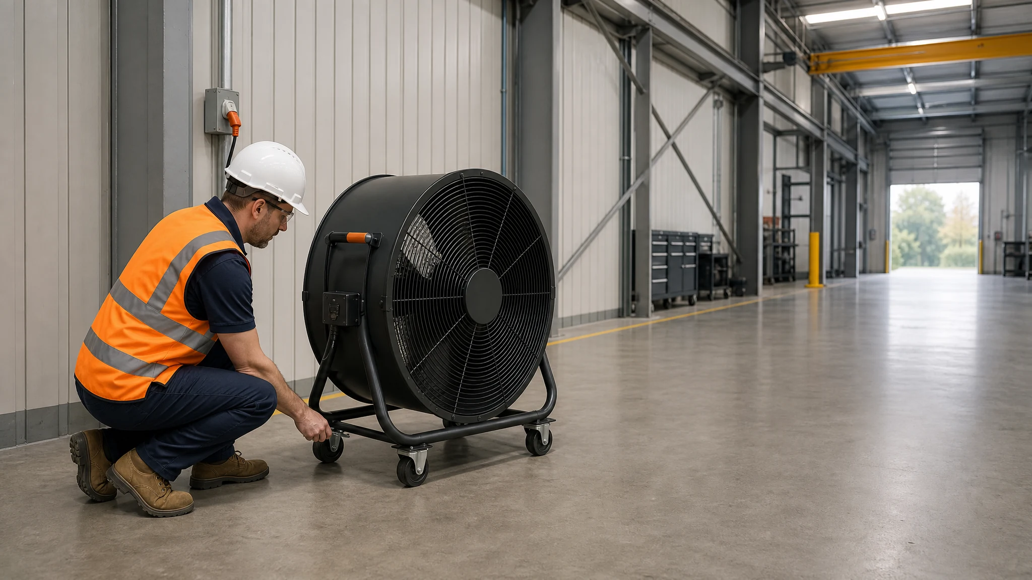 Supervisor checking a guarded portable drum fan and clear airflow path in an industrial maintenance bay