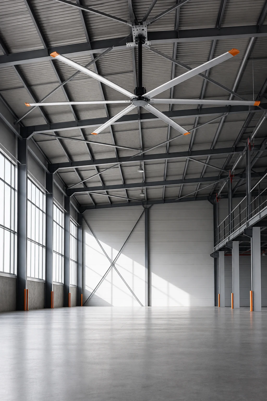 View of an HVLS fan installed in a bright high-bay warehouse