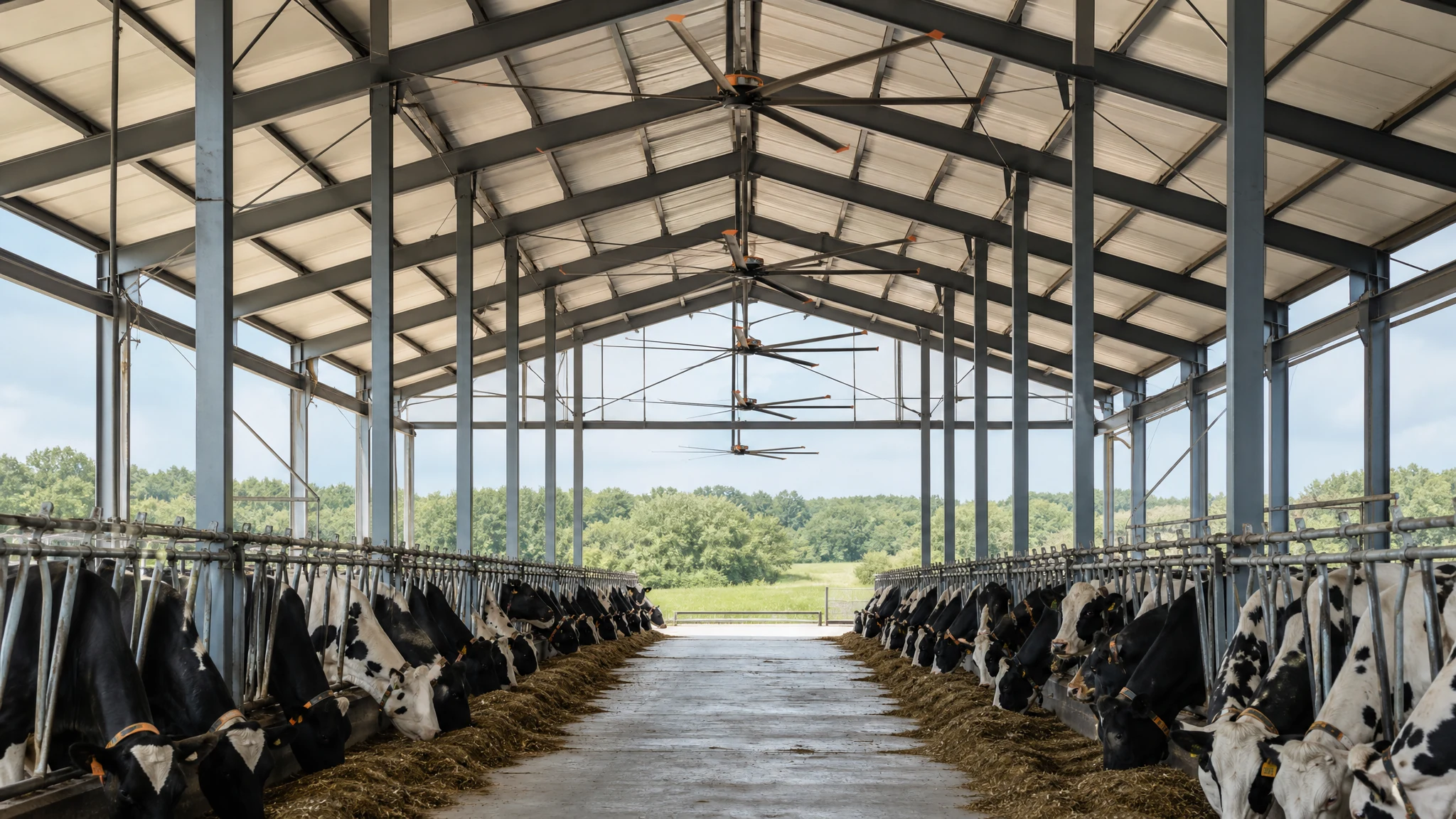 Large ceiling fans installed along a contemporary dairy barn