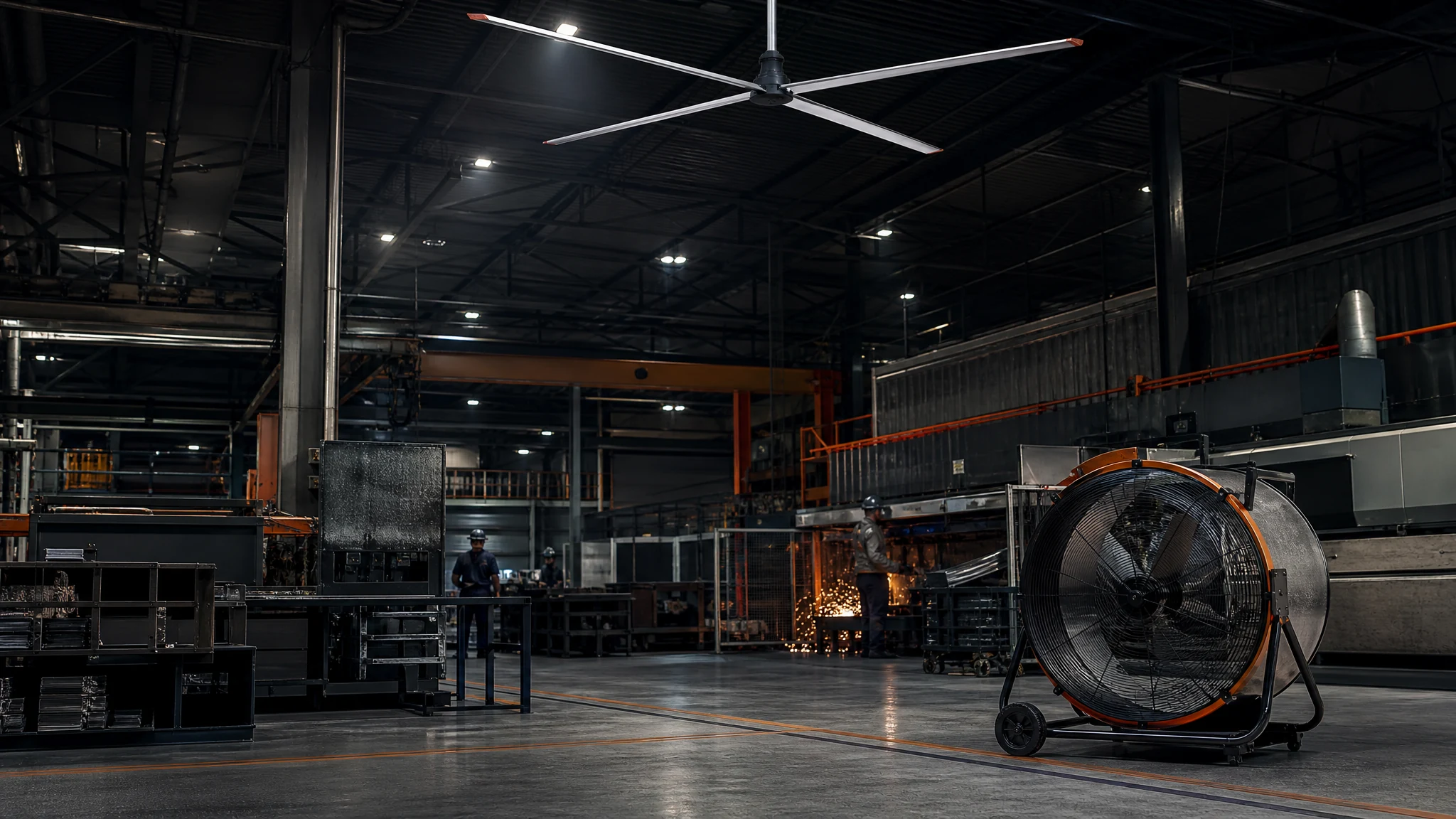 HVLS and mobile industrial fans inside a metalworking factory