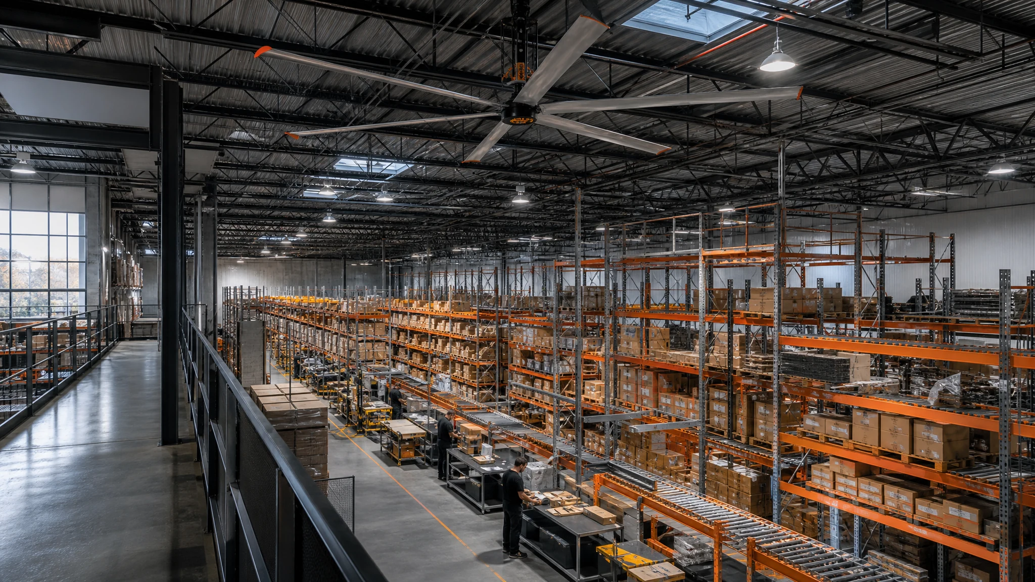 HVLS fan installed above a logistics warehouse picking area