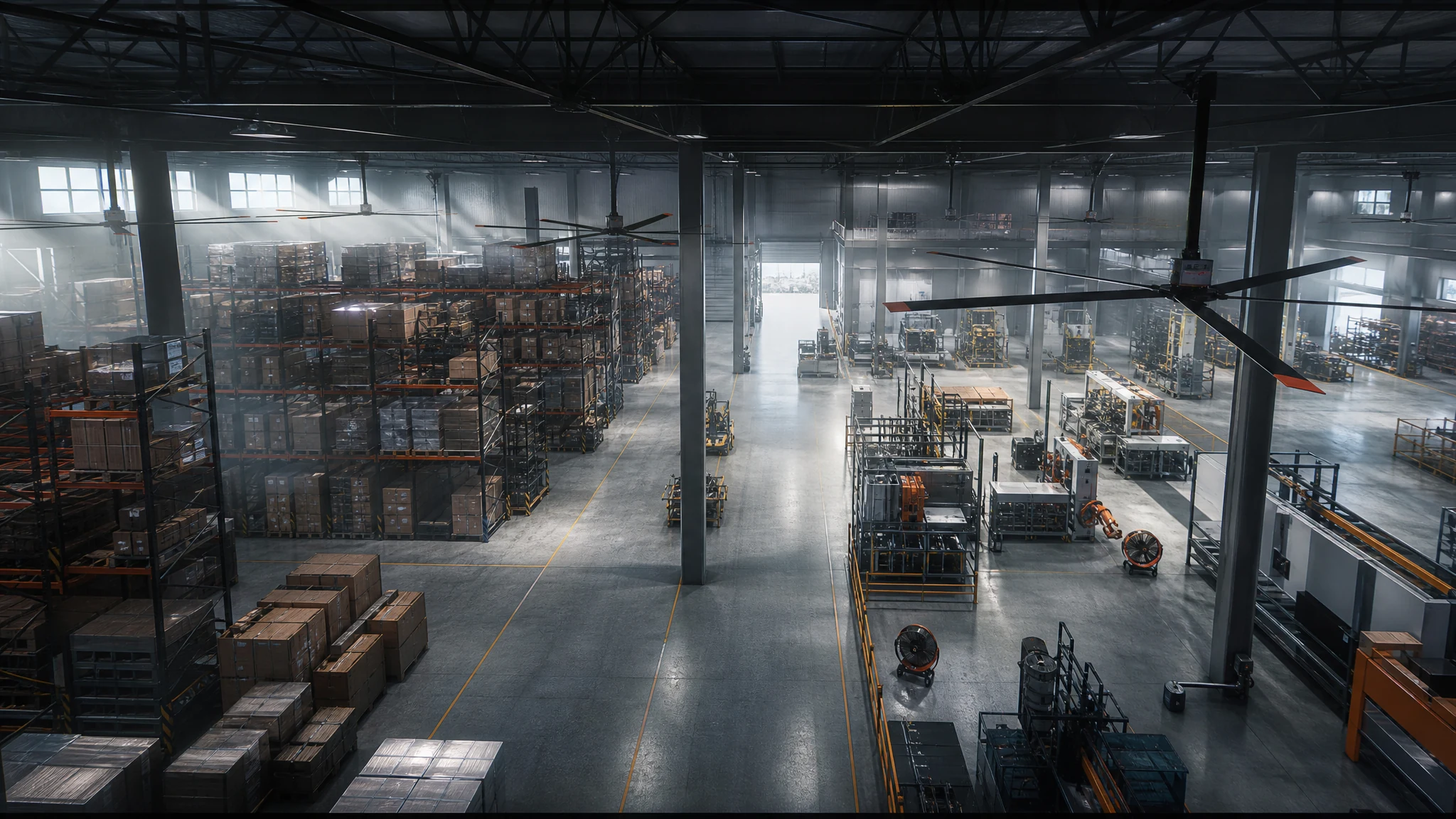 Aerial view of airflow equipment across warehouse and production zones