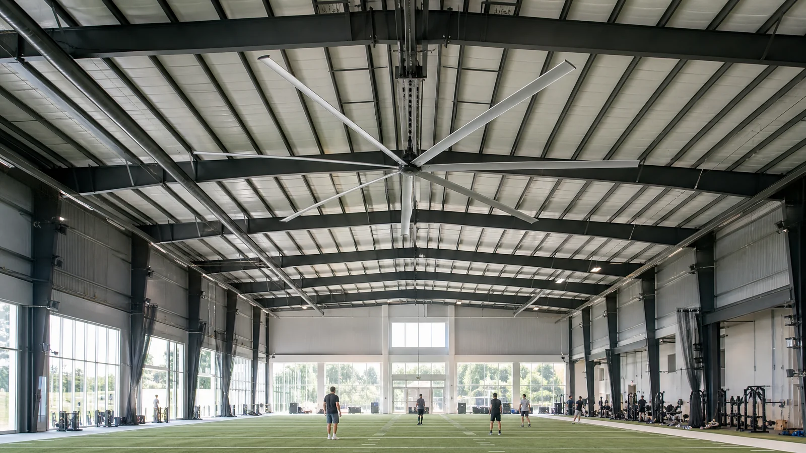 Large HVLS ceiling fan installed in an indoor sports facility