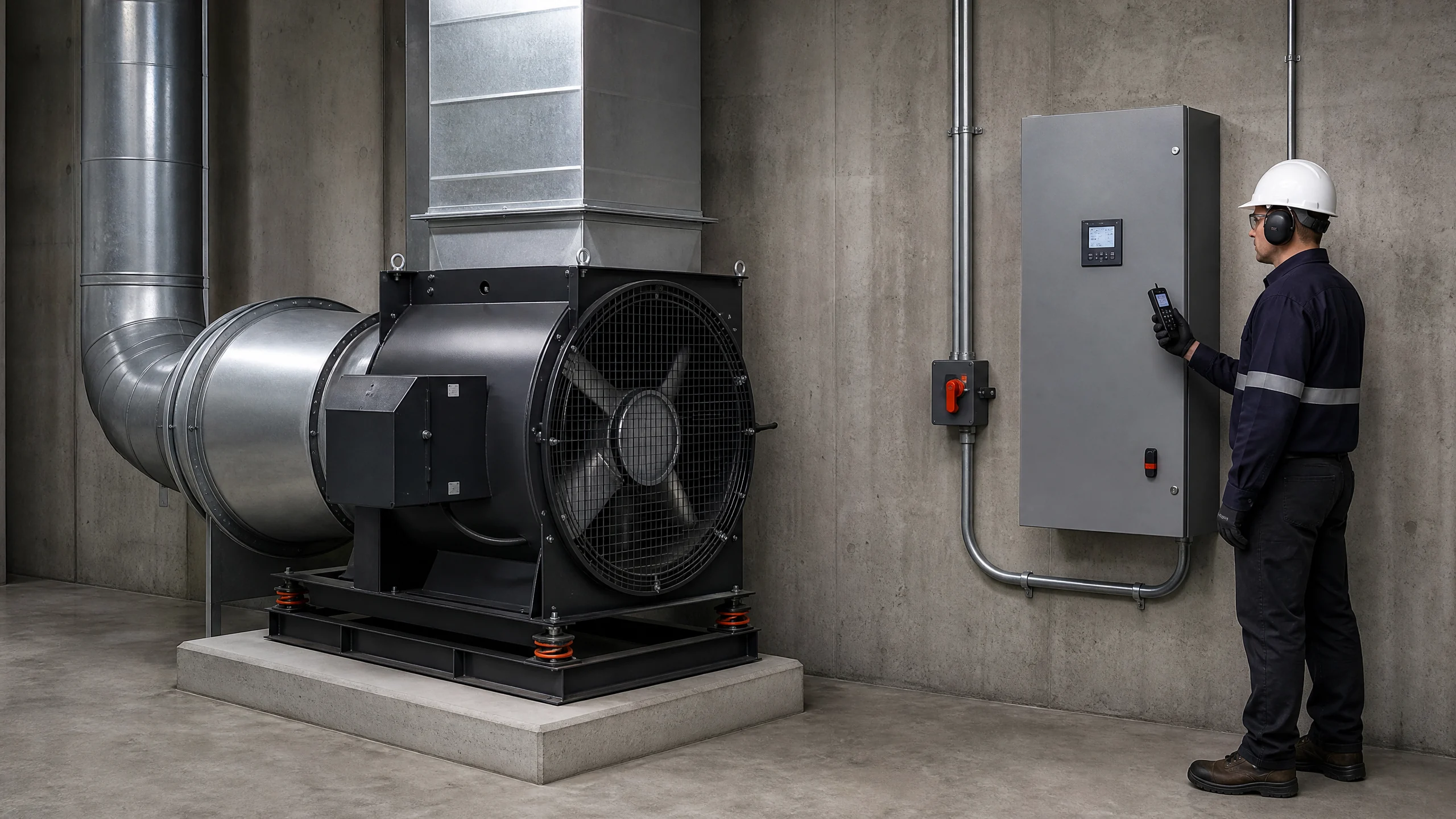 Controls technician checking airflow beside a guarded exhaust fan and a closed variable-frequency-drive cabinet