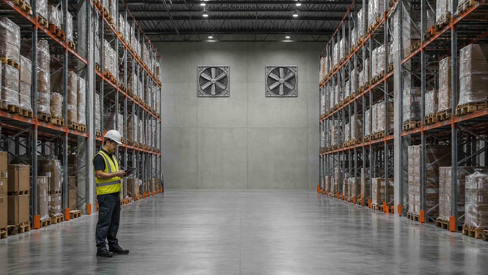 Long warehouse aisle ending at a sealed wall with two guarded six-blade exhaust fans mounted above the occupied zone