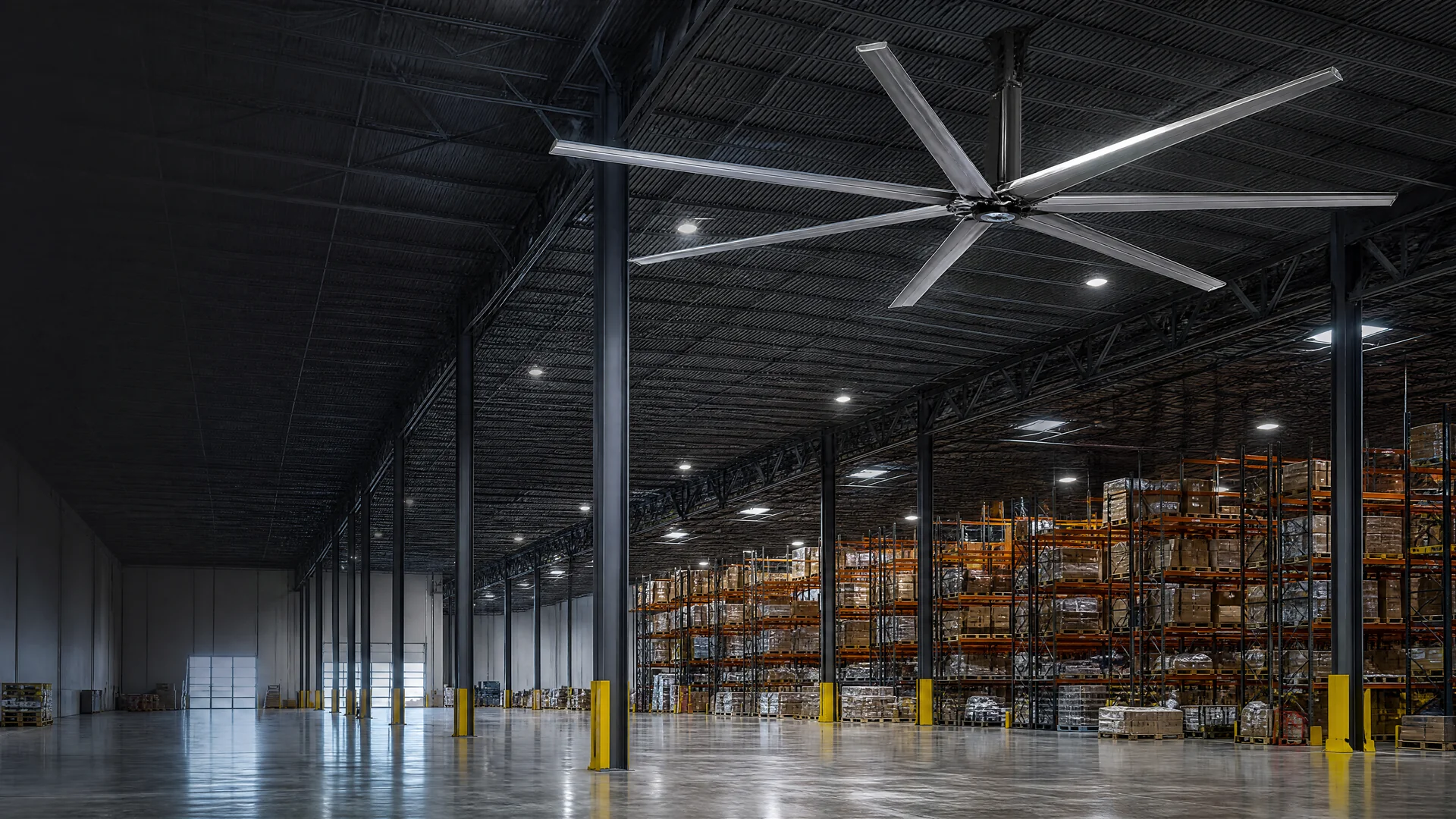 Large HVLS ceiling fan in a modern logistics warehouse