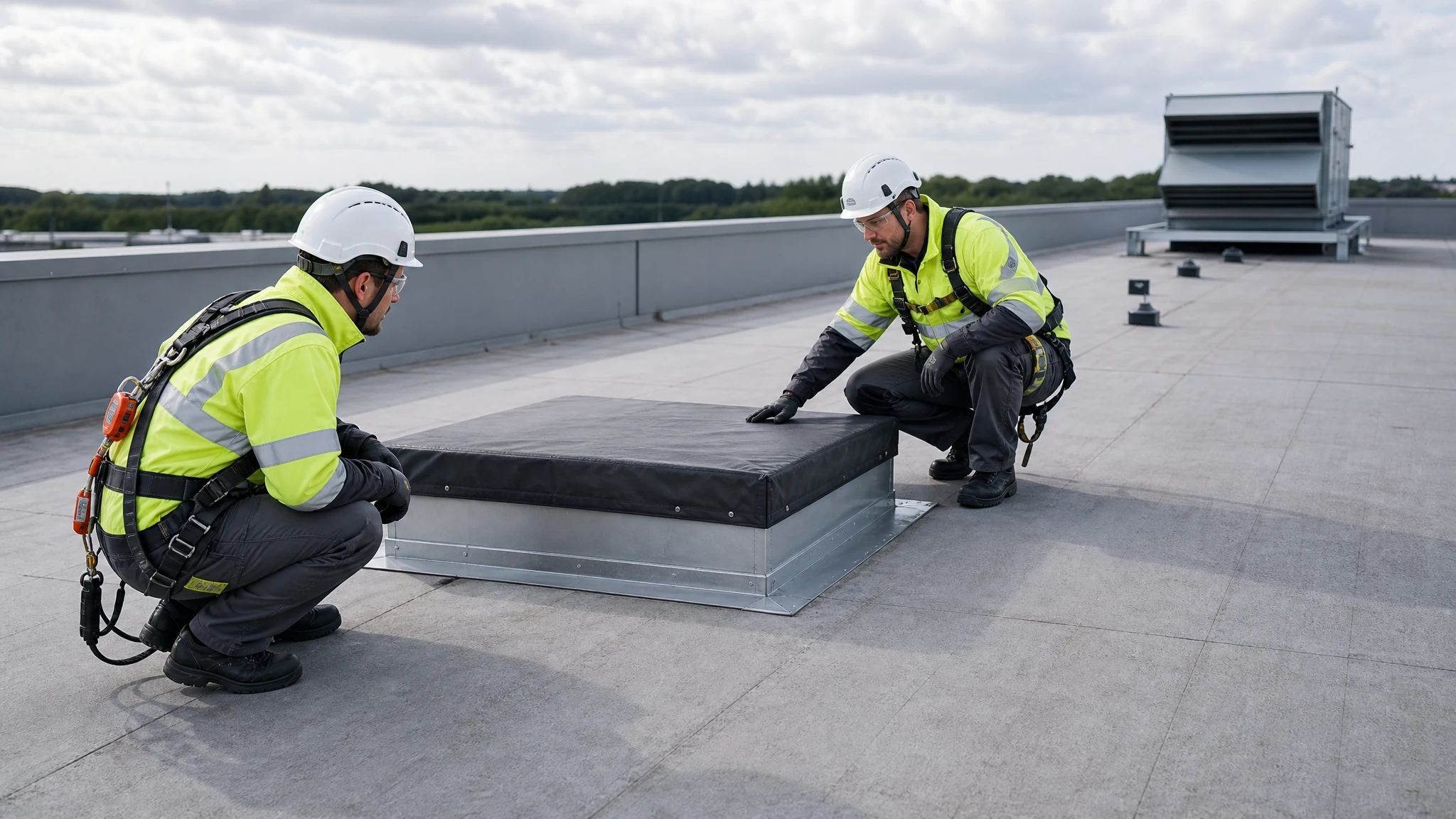 Two fall-protected technicians inspecting a covered warehouse roof curb and future maintenance zone