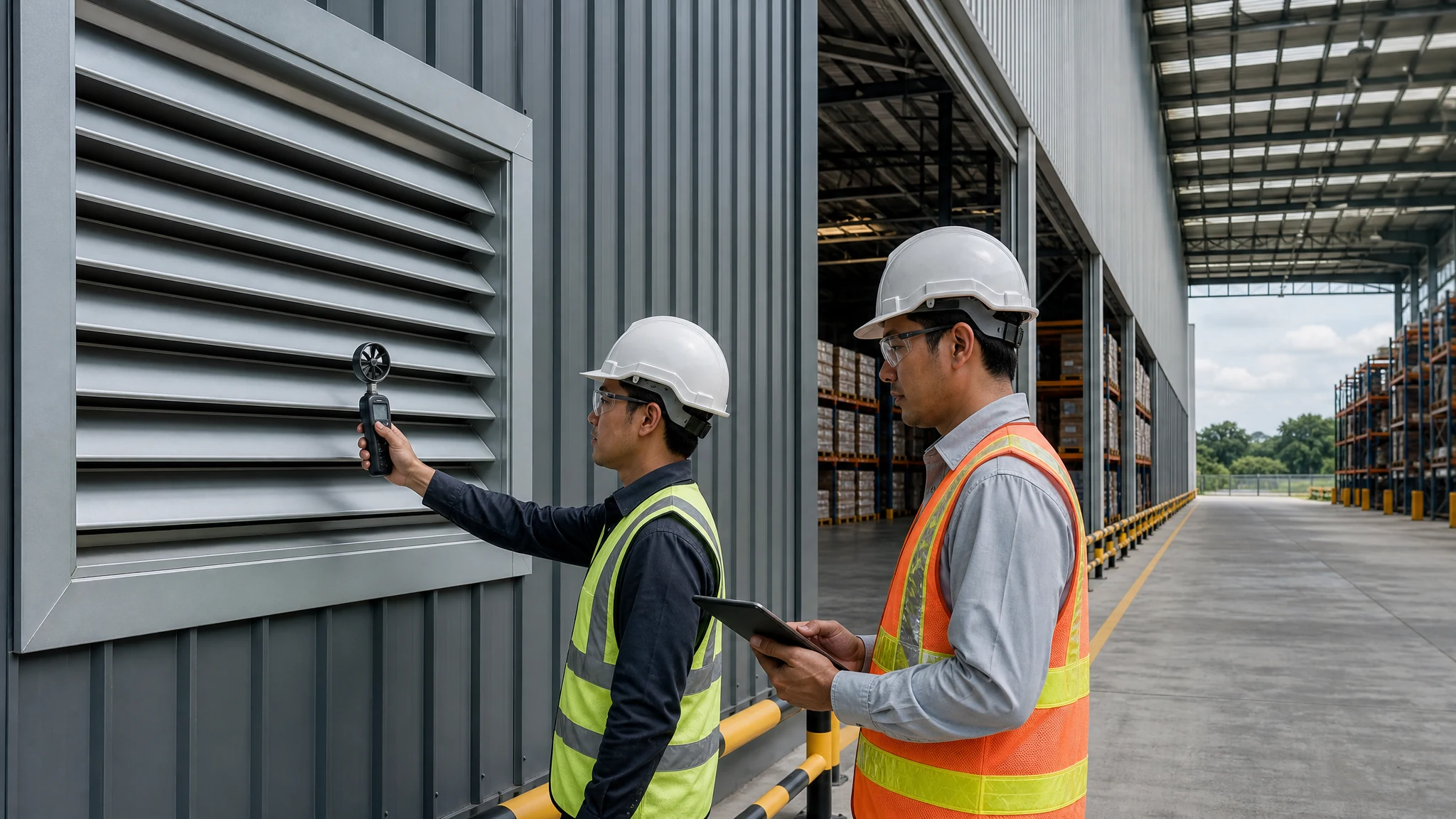 Technician holding a vane anemometer square to one warehouse outside-air intake louver while a facility manager records the survey
